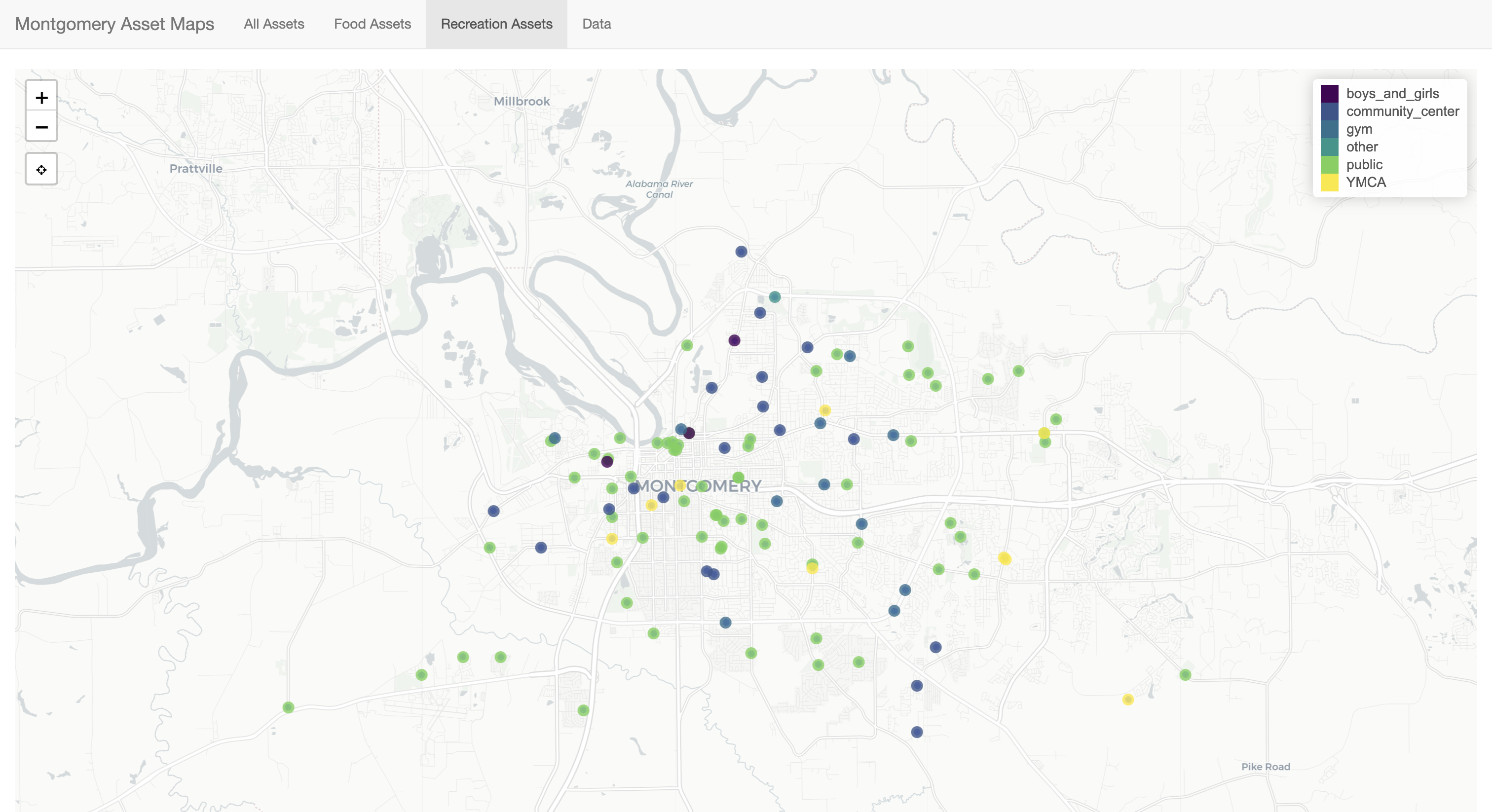 Recreational assets displayed within the mapping application.