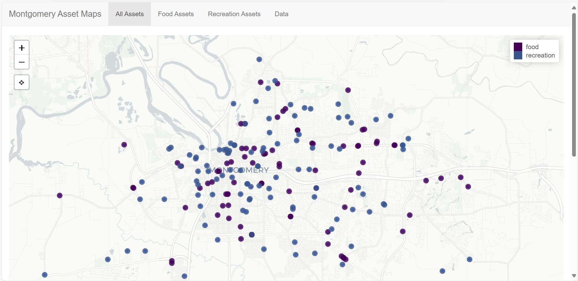 Asset map view of all services available: recreation and food.